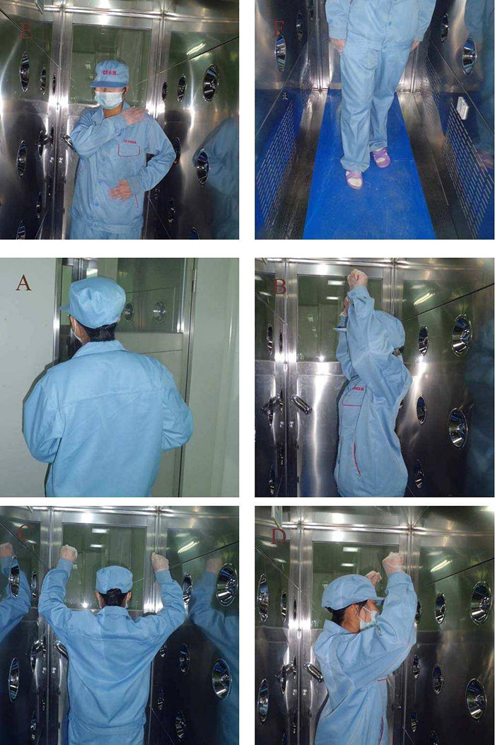 進入風淋室前無塵服應穿著得當，袖口和領口需拉緊，避免衣物內外的塵埃進入。